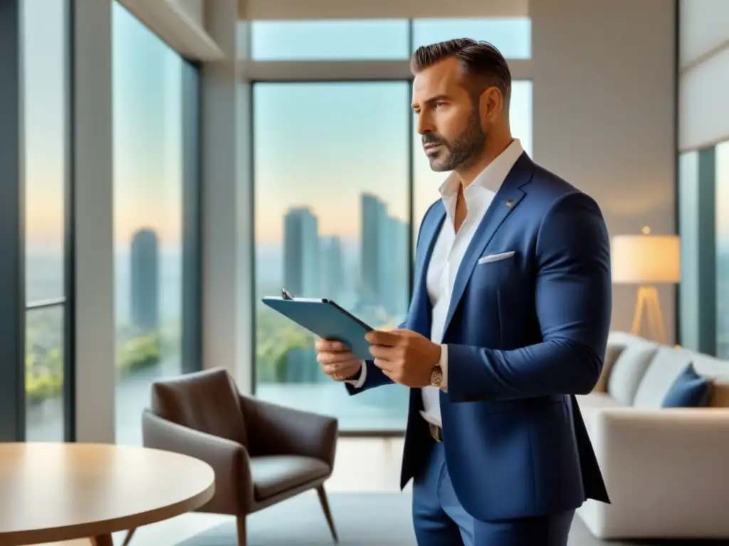 Experto en valuación de propiedades inspecciona lujoso apartamento moderno Un tasador inmobiliario profesional inspecciona minuciosamente un lujoso apartamento moderno, revisando notas con un dueño preocupado