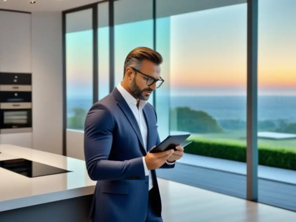 Experto en valuación examina propiedad de lujo con precisión Un tasador profesional evalúa meticulosamente una lujosa propiedad moderna, destacando la importancia en la financiación y renovación de proyectos