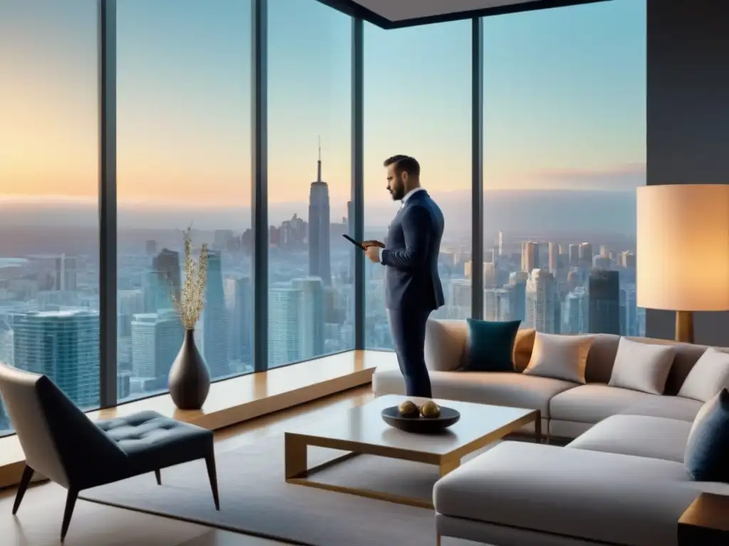 Valoración inmobiliaria de lujo: experto en acción Un tasador profesional inspecciona lujoso penthouse con mobiliario de alta gama y decoración elegante