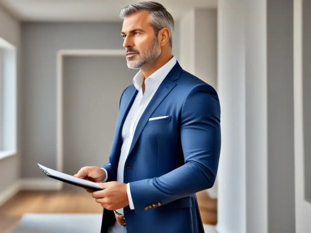 Experto tasador evaluando propiedad moderna con precisión Un tasador profesional inspecciona detalladamente una propiedad renovada, destacando su precisión y profesionalismo