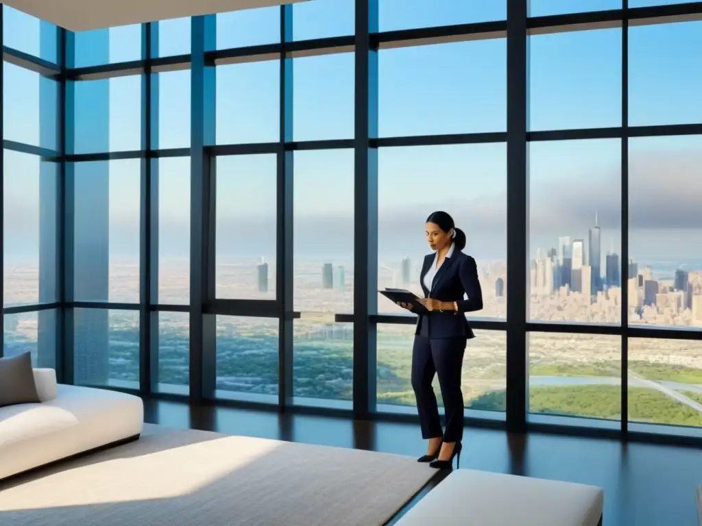 Examinadora inmobiliaria valora propiedad de lujo Una tasadora inmobiliaria experta examina detalladamente una lujosa propiedad con vista panorámica urbana