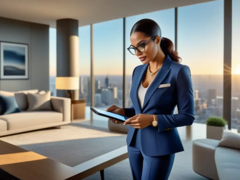 Experta tasadora valora lujoso penthouse moderno Una tasadora profesional examina meticulosamente un lujoso ático moderno, rodeada de muebles de alta gama
