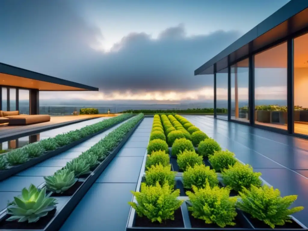 Jardín de techo verde con paneles solares y plantas vibrantes, ejemplo de prácticas ecológicas en flipping inmobiliario