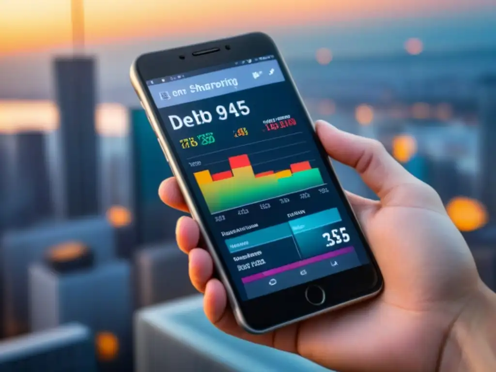 App de gestión de deudas: interfaz moderna y profesional Un teléfono inteligente moderno muestra una app de gestión eficiente de deudas inmobiliarias en una oficina elegante con vista a la ciudad