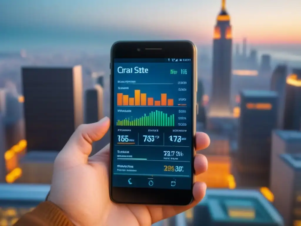 Aplicación financiera inmobiliaria: análisis y herramientas en smartphone Teléfono inteligente moderno con app de financiamiento inmobiliario en oficina minimalista y vista urbana