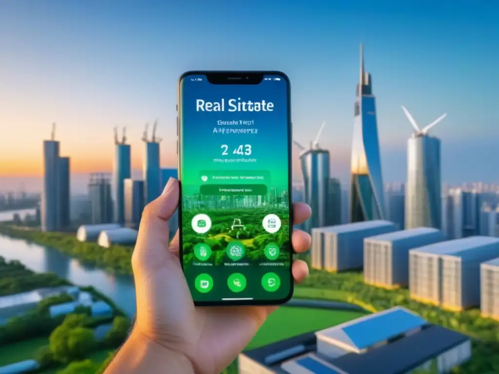 Aplicación sostenible para gestión inmobiliaria en ciudad futurista Teléfono móvil moderno mostrando app de gestión inmobiliaria verde en ciudad futurista