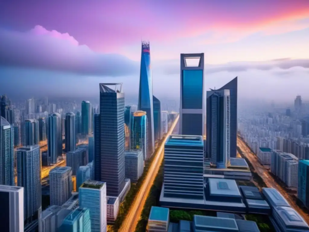 Metrópolis futurista: Skyline urbano 8k de diseño innovador Explora las tendencias del mercado inversión inmobiliaria internacional en una ciudad futurista llena de rascacielos modernos y diseño innovador