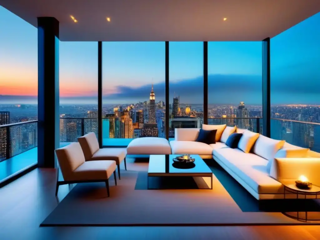 Penthouse de lujo con vista panorámica al atardecer Terraza de lujo con vista a la ciudad al anochecer, diseño moderno y mobiliario exclusivo, ideal para la gestión de propiedades de alta gama