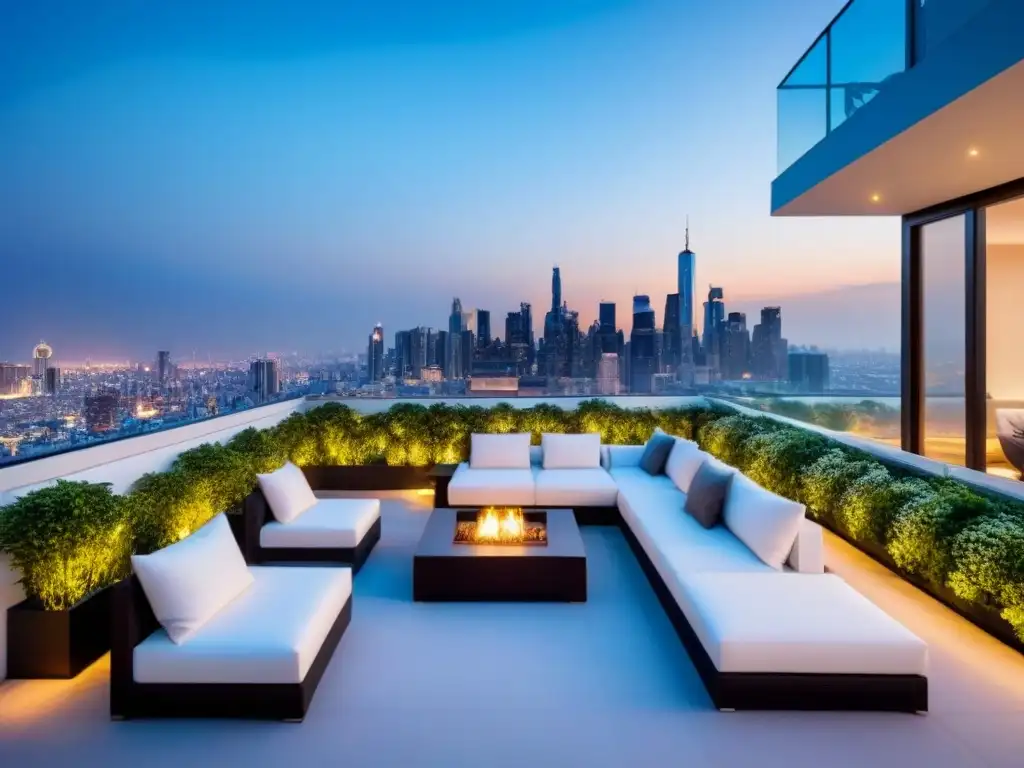 Terraza de lujo con vista a la ciudad al anochecer Terraza de lujo con vista a la ciudad al anochecer