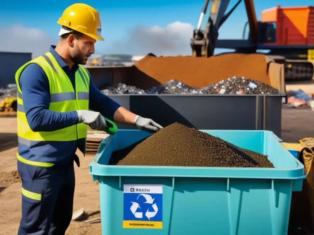 Eficiencia en reciclaje de materiales en obra moderna Trabajadores en obra implementan mejores prácticas gestión residuos construcción al clasificar materiales en contenedores de reciclaje