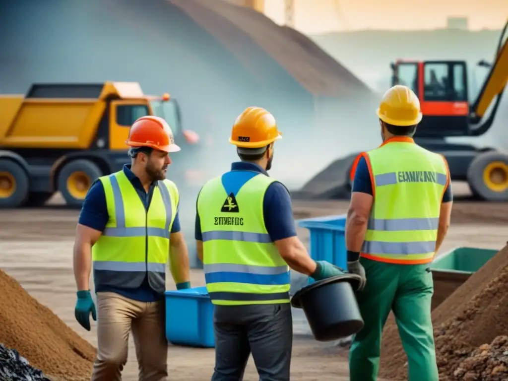 Eficiencia en gestión de residuos en obra: diversidad y sostenibilidad Trabajadores en obra clasificando residuos en contenedores etiquetados, ejemplificando las mejores prácticas de gestión de residuos en construcción