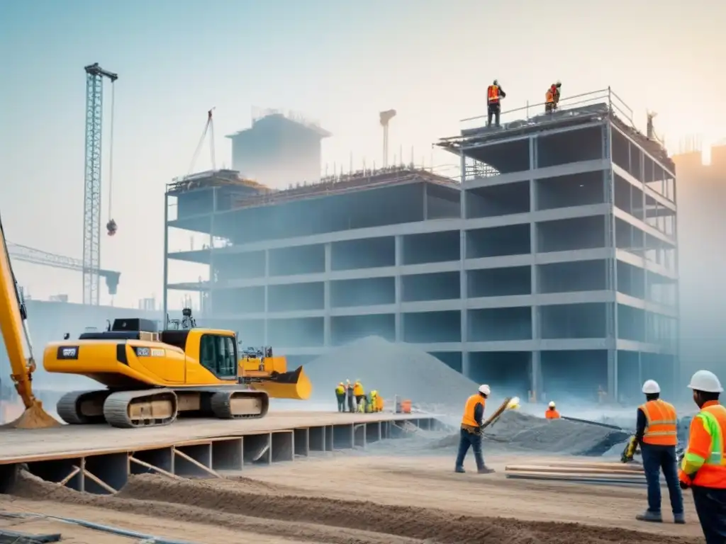 Avance seguro: moderna construcción en 8k Trabajadores seguros supervisando construcción con maquinaria pesada y materiales