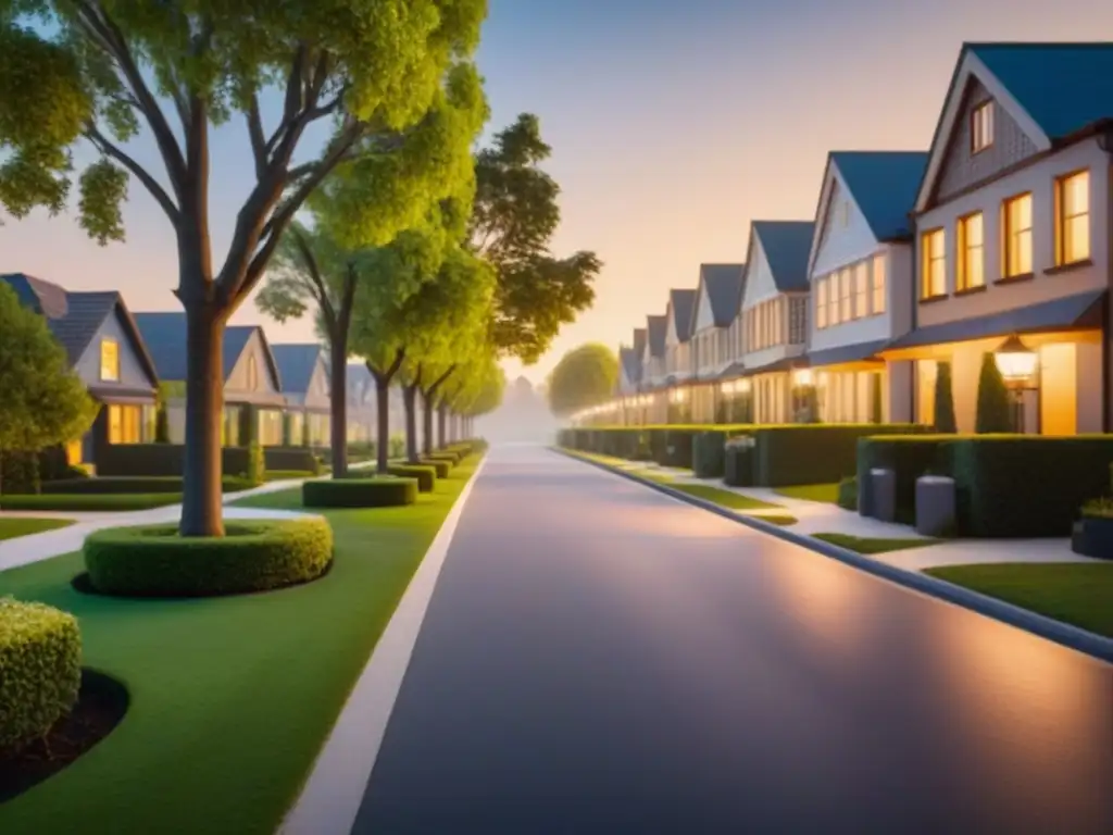 Tranquila vecindad moderna al anochecer, con elegantes casas y jardines bien cuidados