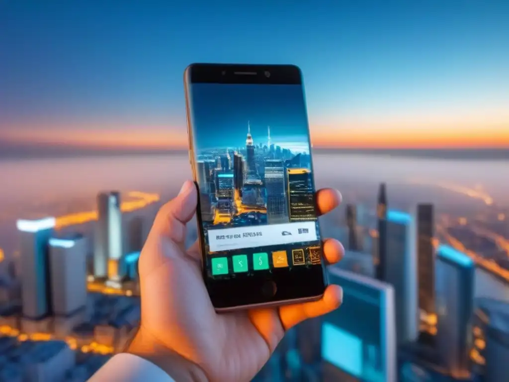 Transacción inmobiliaria holográfica: futuro transparente Transparencia en transacciones inmobiliarias: Futuro smartphone transparente muestra holograma de transacción con documentos digitales y apretón de manos virtual entre comprador y vendedor, con ciudad nocturna de fondo