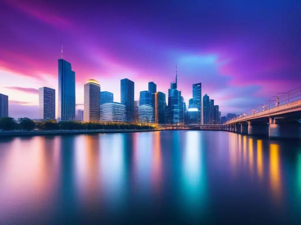 Horizonte urbano moderno: inversión en REITs Invertir en REITs a través de una ciudad vibrante y moderna al anochecer, con rascacielos iluminados y un río sereno reflejando luces de colores