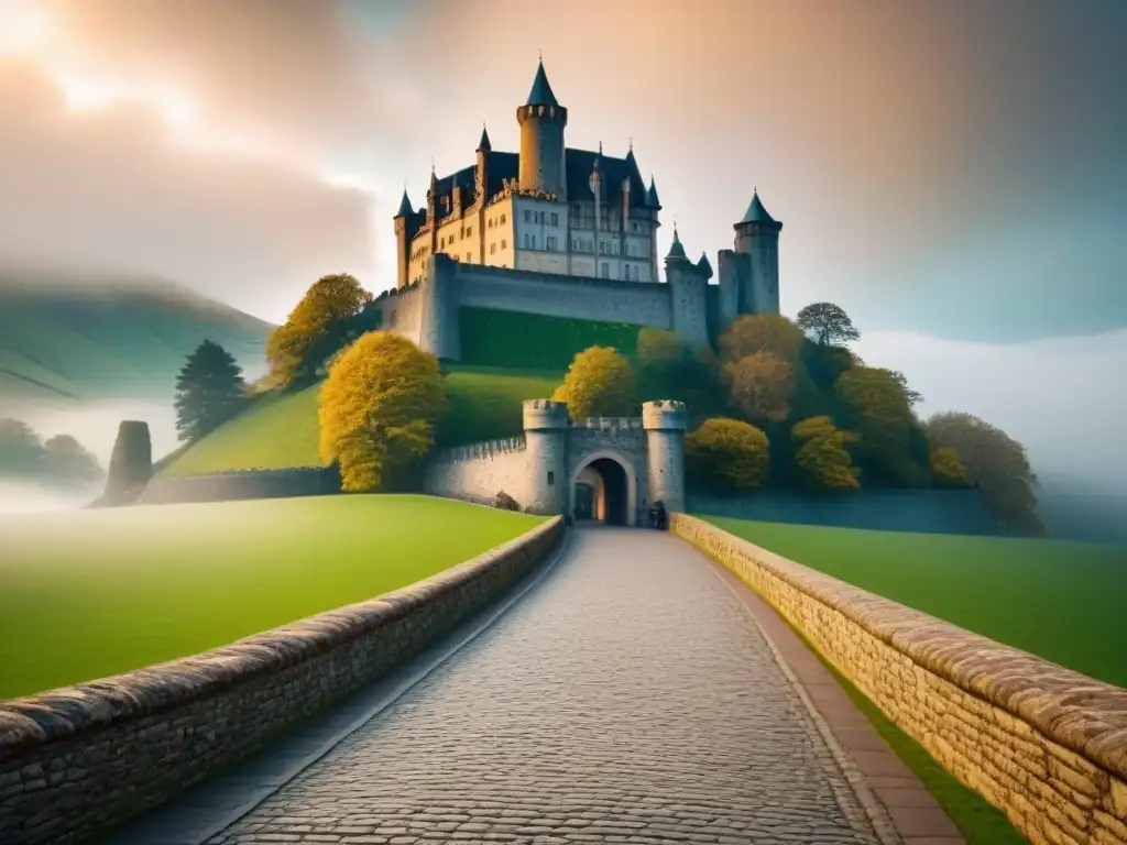 Castillo histórico en la colina: fusión de pasado y presente Turismo propiedades históricas capitalizar: Majestuoso castillo histórico rodeado de naturaleza y turistas modernos explorando sus jardines