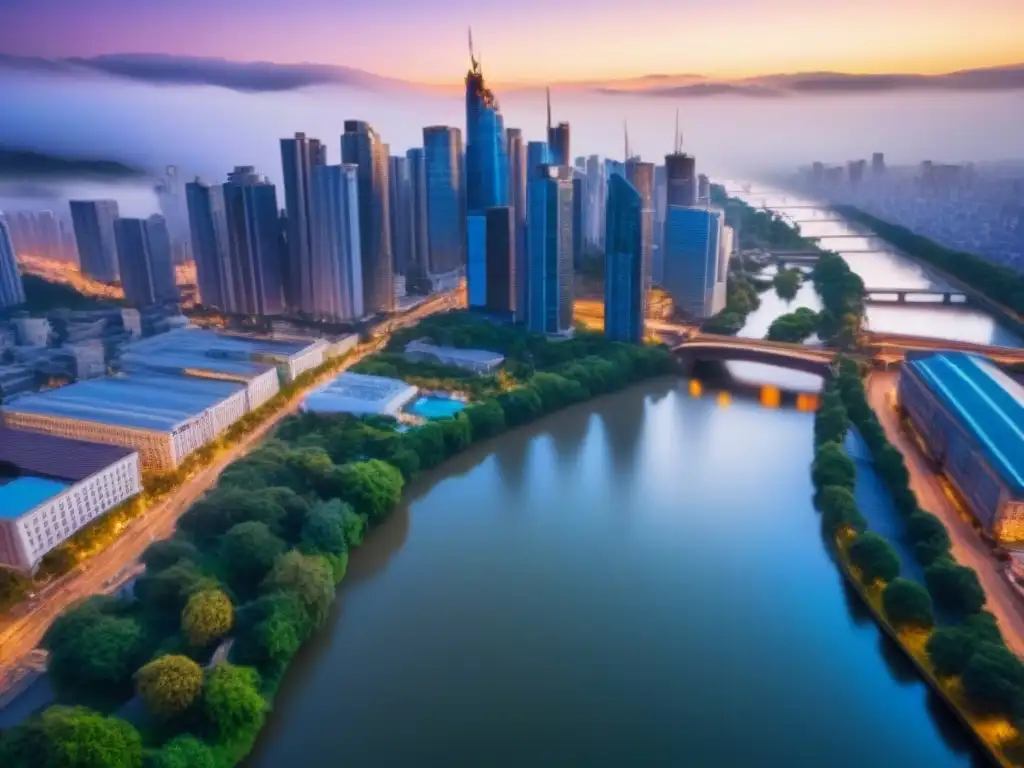 Metrópolis nocturna: luces vibrantes en río sereno Turismo urbano en una ciudad vibrante: rascacielos iluminados, parques verdes y mercados callejeros al atardecer