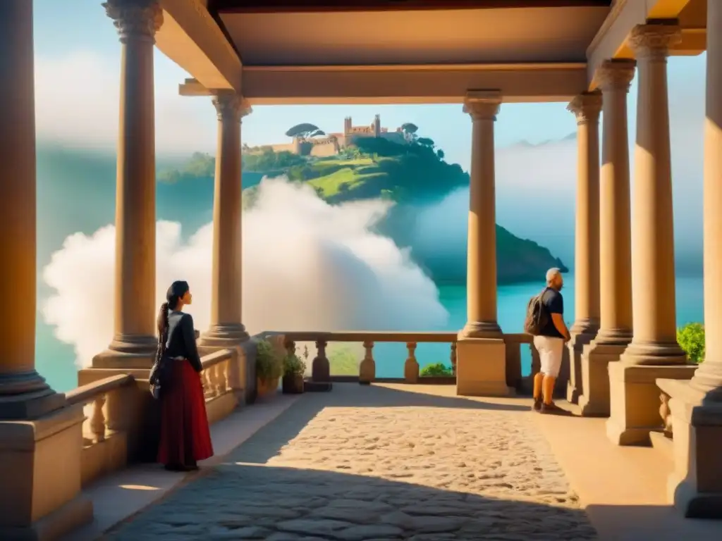 Turismo cultural: Visitantes admirando historia y arquitectura restaurada Turistas de diversas culturas admiran una propiedad histórica restaurada, mientras un guía comparte su historia