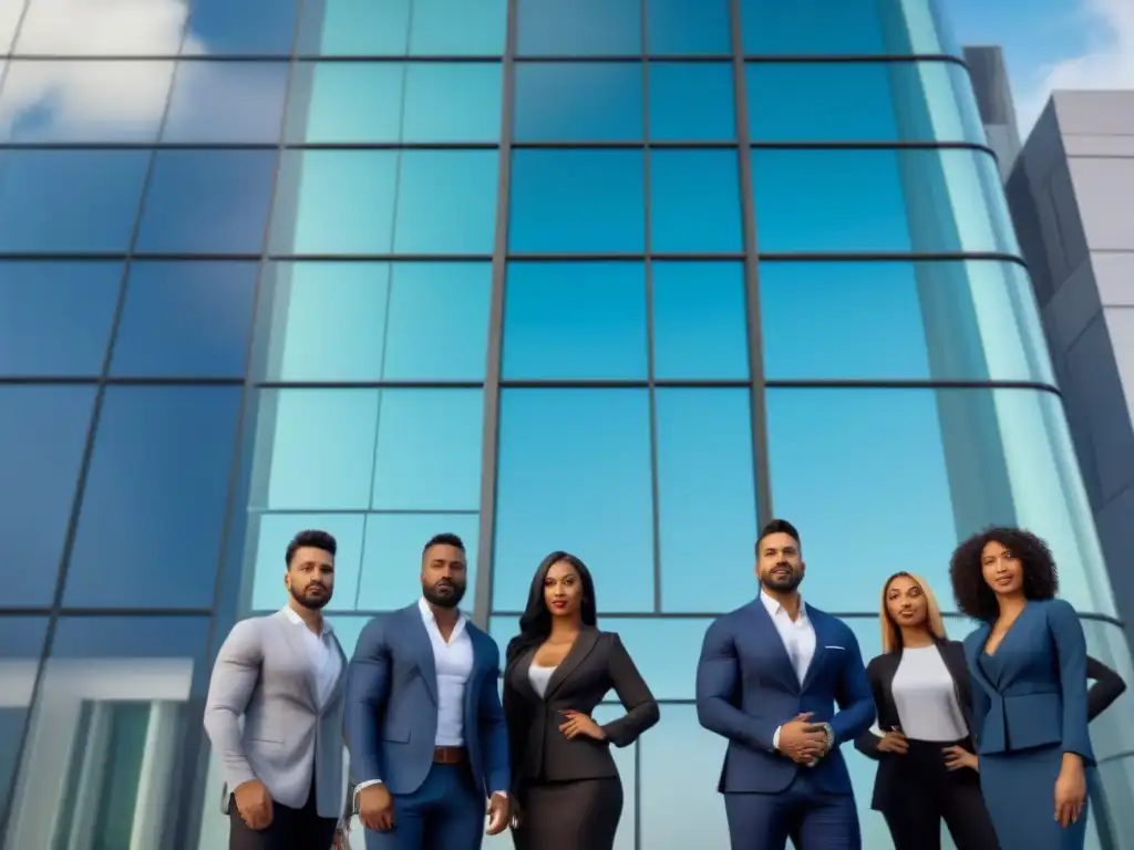 Unidos por el futuro: diversidad y confianza frente al banco del mañana Unidos frente a un banco futurista, simbolizando el Acceso Igualitario Financiamiento Inmobiliario