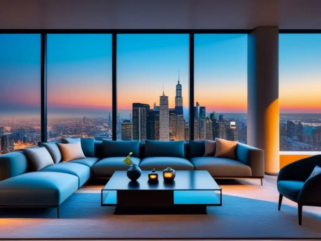 Salón moderno de lujo con vista panorámica en propiedad exclusiva Vacantes en propiedades de lujo: Sala de estar moderna y lujosa con vista panorámica a la ciudad, muebles contemporáneos y elegante decoración