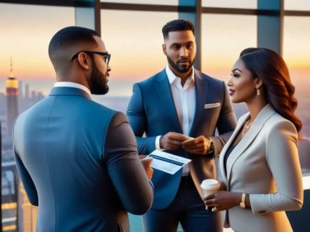 Una valiosa red de contactos inmobiliaria en un evento profesional al atardecer, con diversidad y colaboración