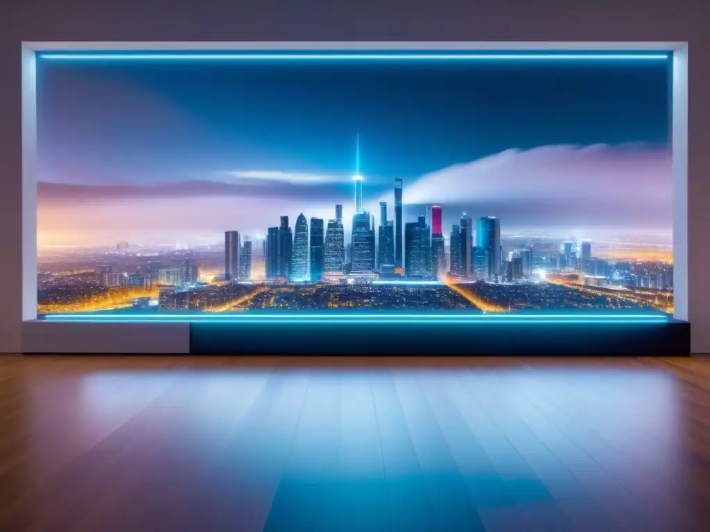 Proyección holográfica de tendencias de valor inmobiliario Predicción valor propiedad IA: Proyección holográfica de tendencias inmobiliarias en ambiente futurista y sofisticado