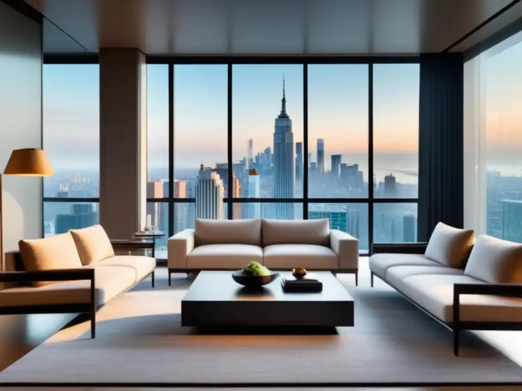 Sala de estar moderna y lujosa con vista a la ciudad Valorización de propiedades con diseño moderno y elegante, con vista a la ciudad y muebles contemporáneos, bañados en luz natural