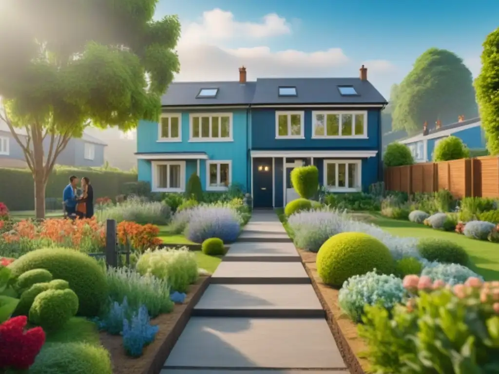 Vecindario armonioso con casas modernas y vecinos amigables disfrutando de actividades comunitarias en un entorno seguro y pacífico