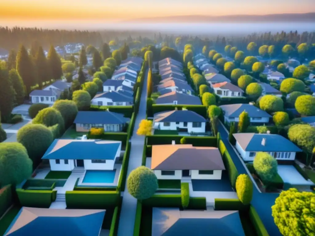 Vecindario suburbano sereno al atardecer con casas modernas, jardines cuidados y árboles altos