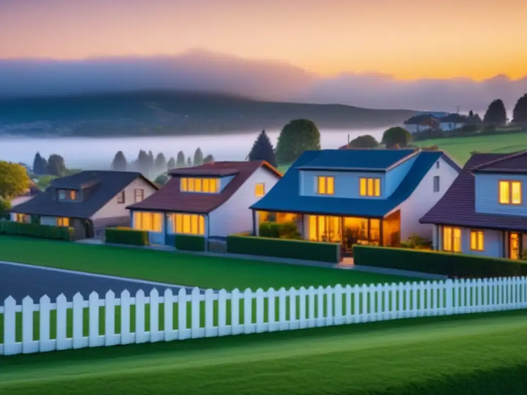 Vecindario suburbano tranquilo al atardecer, casas modernas y jardines, vecinos amigables