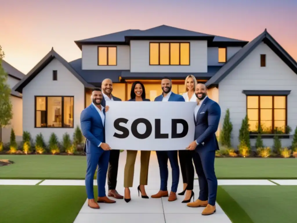 Profesionales celebran venta de casa con préstamo hipotecario convencional Celebrando la venta de una casa con profesionales felices y familias, simbolizando los beneficios de los préstamos hipotecarios convencionales