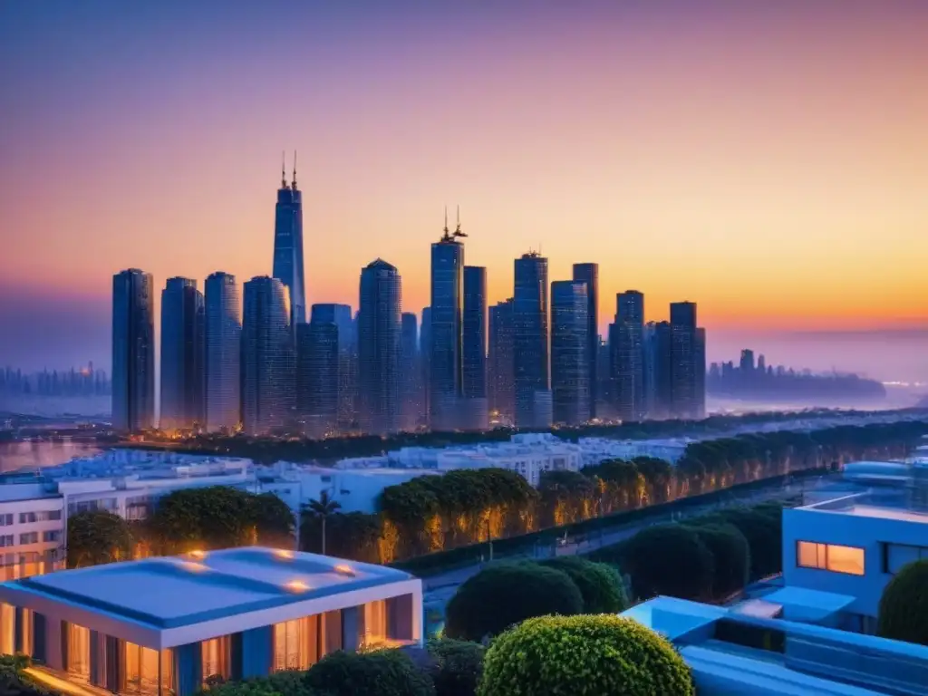 Ventajas fiscales inversión inmobiliaria internacional: Edificio de lujo con vistas a la ciudad al atardecer, destacando elegancia y prosperidad