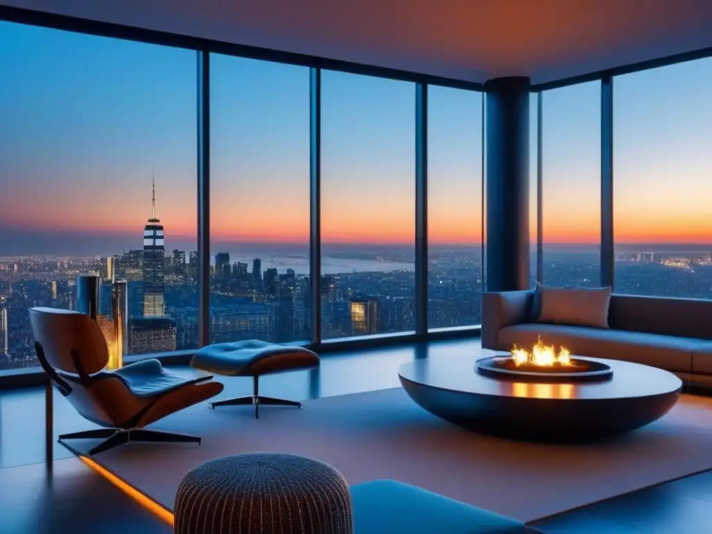 Penthouse de lujo con vistas a la ciudad al atardecer Ventajas refinanciar inmueble lujo: Penthouse moderno de lujo con vista a la ciudad al atardecer, detalles elegantes y ambiente sofisticado