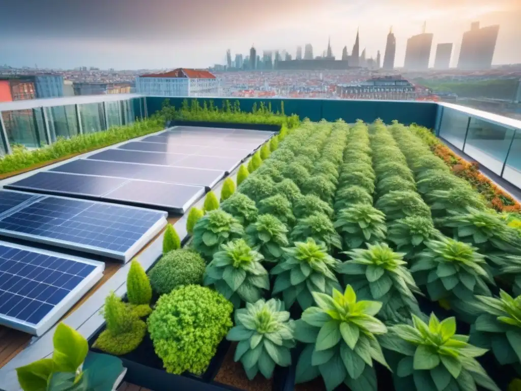Jardín ecológico en azotea: diseño innovador en ciudad europea Jardín verde en azotea de edificio sostenible en ciudad europea, simbolizando opciones sostenibles préstamos inmobiliarios