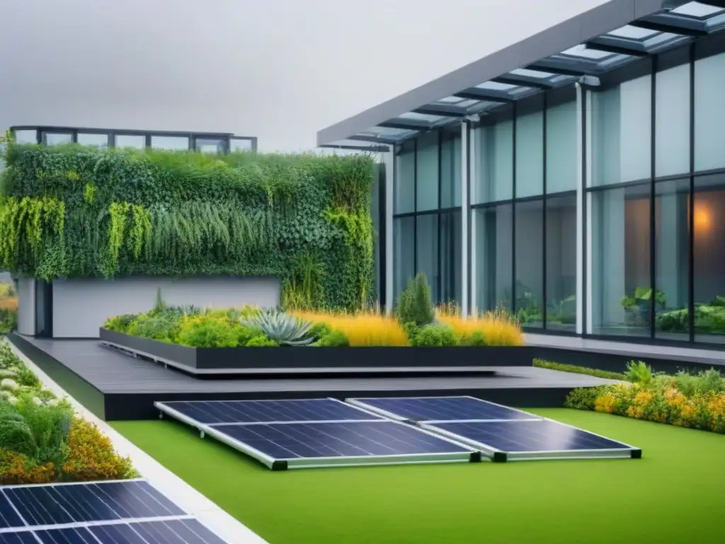 Jardín ecológico en azotea: sostenibilidad y modernidad Jardín verde en azotea con paneles solares y sistema de recolección de agua, resaltando el financiamiento verde en edificaciones sostenibles