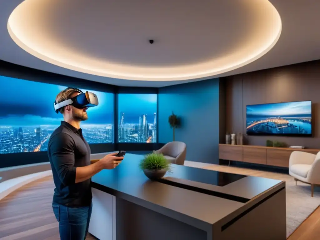 Realidad virtual inmersiva: tour de lujo en moderna casa virtual Un viaje inmersivo en bienes raíces: profesionales exploran lujosa casa virtual con auriculares de Realidad Virtual en hightech oficina