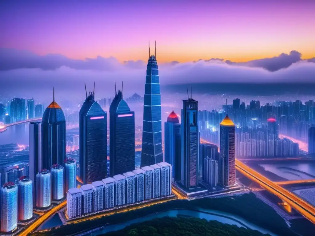 Metrópolis futurista asiática: arquitectura innovadora en 8k La vibrante metrópolis asiática, fusionando tradición y modernidad, exhibe innovadores rascacielos iluminados con luces de neón