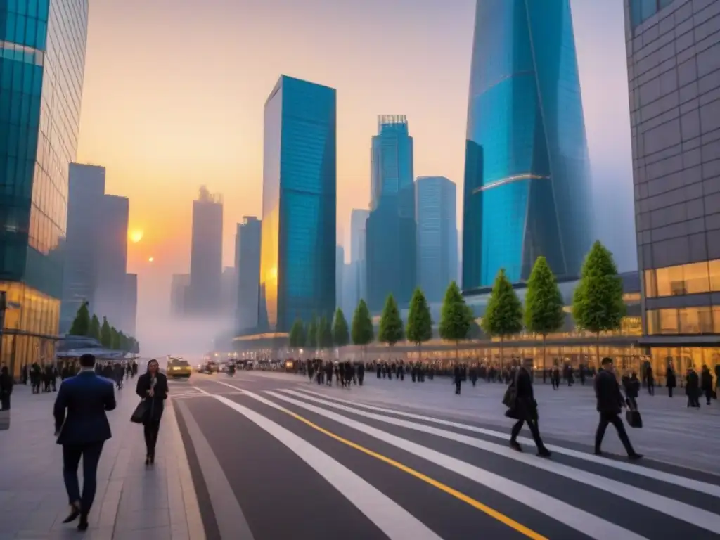 Vibrante atardecer en la ciudad: arquitectura moderna y diversidad urbana Un vibrante atardecer ilumina una bulliciosa calle de rascacielos modernos