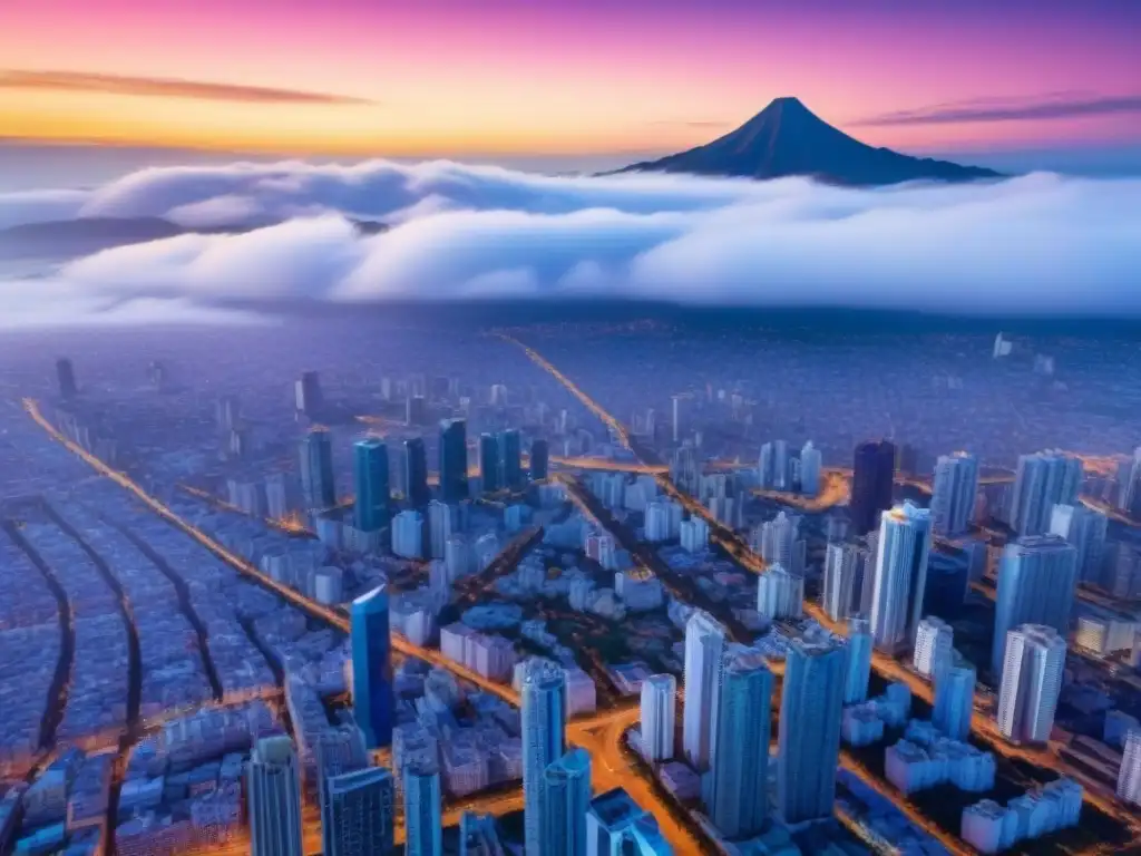 Un vibrante atardecer ilumina una bulliciosa ciudad latinoamericana, con modernos rascacielos y calles llenas de vida