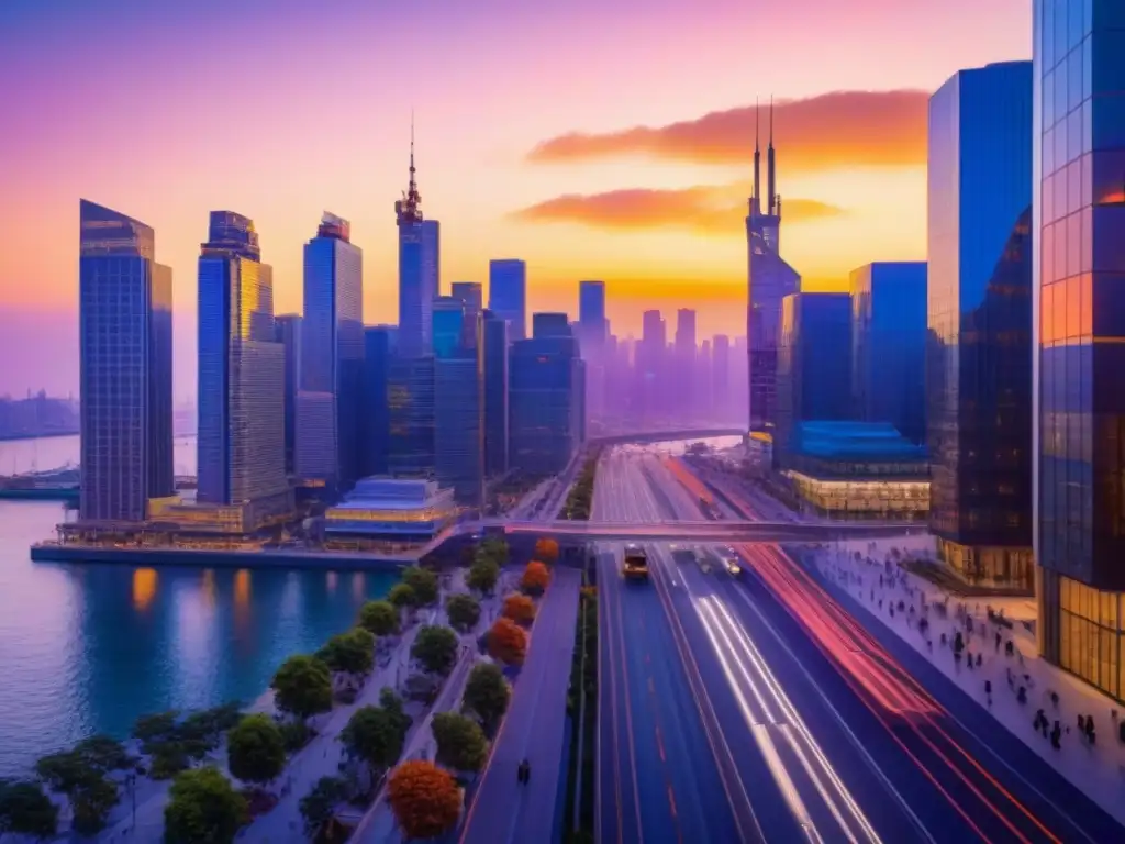 Horizonte urbano en atardecer vibrante: diversidad y desarrollo comercial Un vibrante atardecer en una bulliciosa ciudad de rascacielos y profesionales, reflejando préstamos para desarrollos comerciales