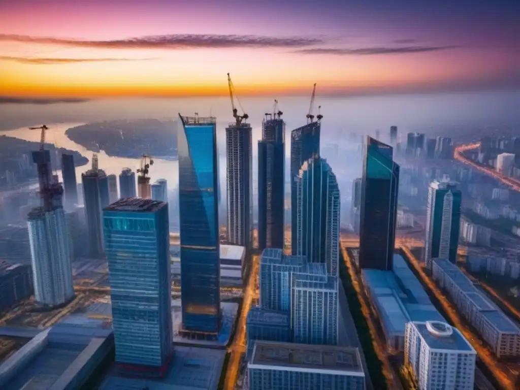 Horizonte urbano en construcción: atardecer vibrante Un vibrante atardecer ilumina una ciudad en construcción con imponentes rascacielos: Financiamiento para proyectos inmobiliarios colosales