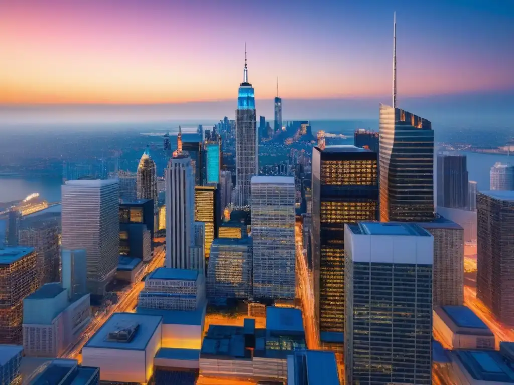 Skyline urbano vibrante: inversión REIT comercial en 2023 Un vibrante atardecer en la ciudad con edificios comerciales iluminados y profesionales discutiendo, reflejando las Tendencias REITs comerciales 2023
