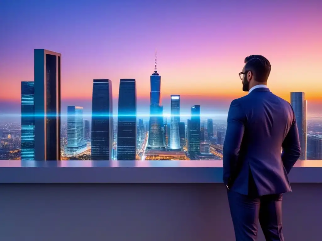 Innovación financiera en ciudad futurista al atardecer Un vibrante atardecer en una ciudad futurista con rascacielos y datos financieros en pantallas digitales, iluminada por luces de neón
