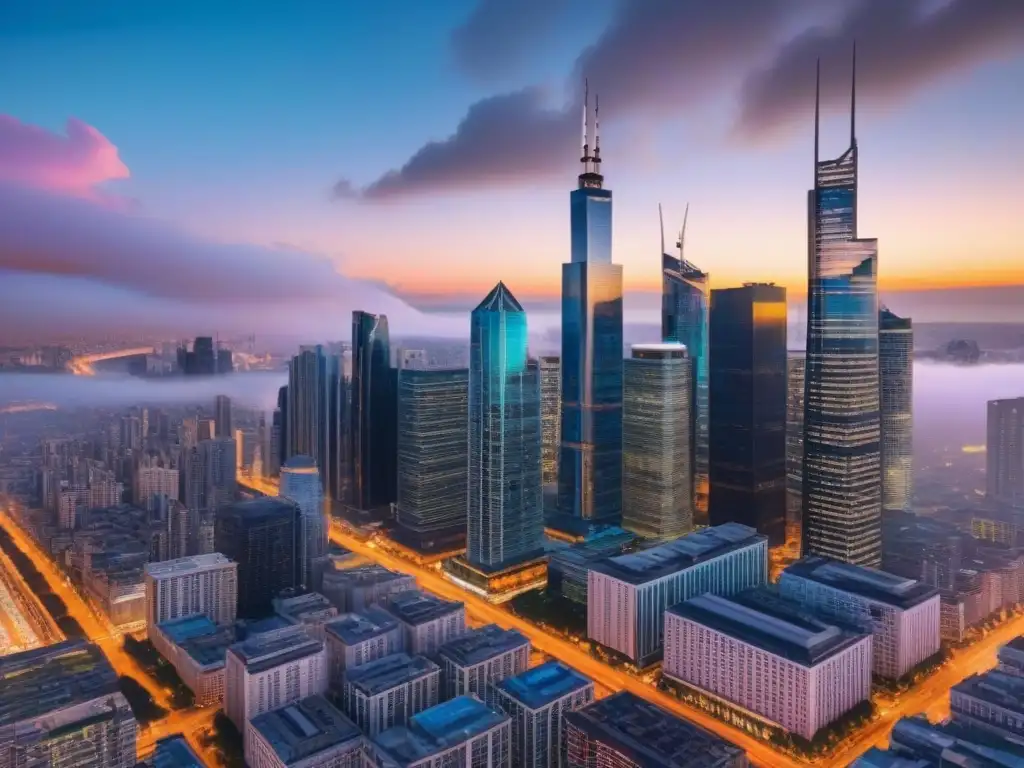Metrópolis moderna: inversores en acción Un vibrante atardecer en la ciudad con inversionistas analizando