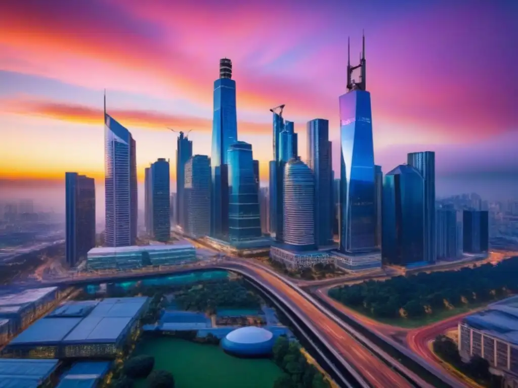 Metrópolis moderna al atardecer: oportunidades inmobiliarias en ascenso Un vibrante atardecer en la ciudad moderna, reflejando rascacielos con fachadas de cristal, en contraste con un cielo dinámico y colorido
