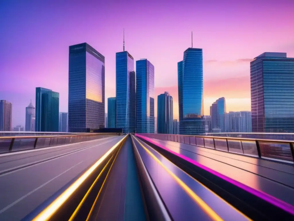 Horizonte urbano moderno al atardecer: progreso y sofisticación Vibrante atardecer en la ciudad moderna, con rascacielos reflejando luz dorada y calles llenas de vida