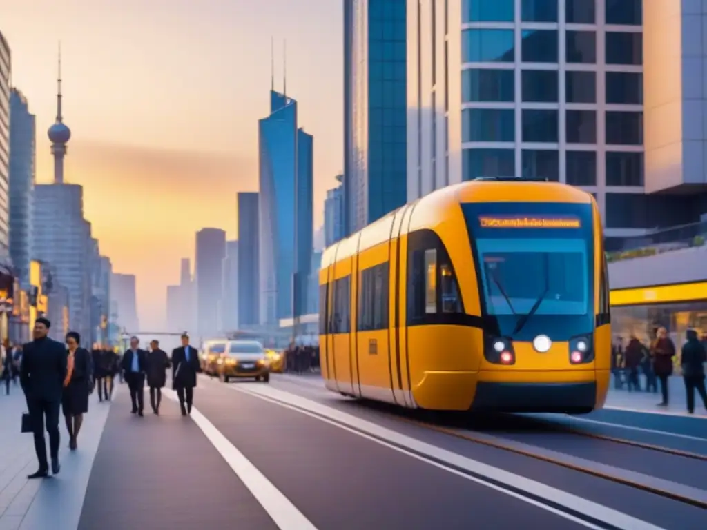 Horizonte urbano al atardecer: progreso y vida en la ciudad Un vibrante atardecer en la ciudad moderna con rascacielos iluminados por el sol