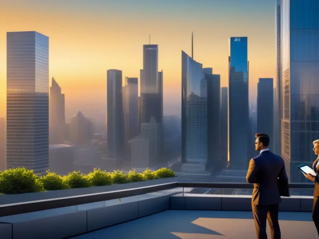 Skyline urbano: profesionales estratégicos en la ciudad Un vibrante atardecer en una ciudad moderna refleja en rascacielos, con profesionales discutiendo datos inmobiliarios