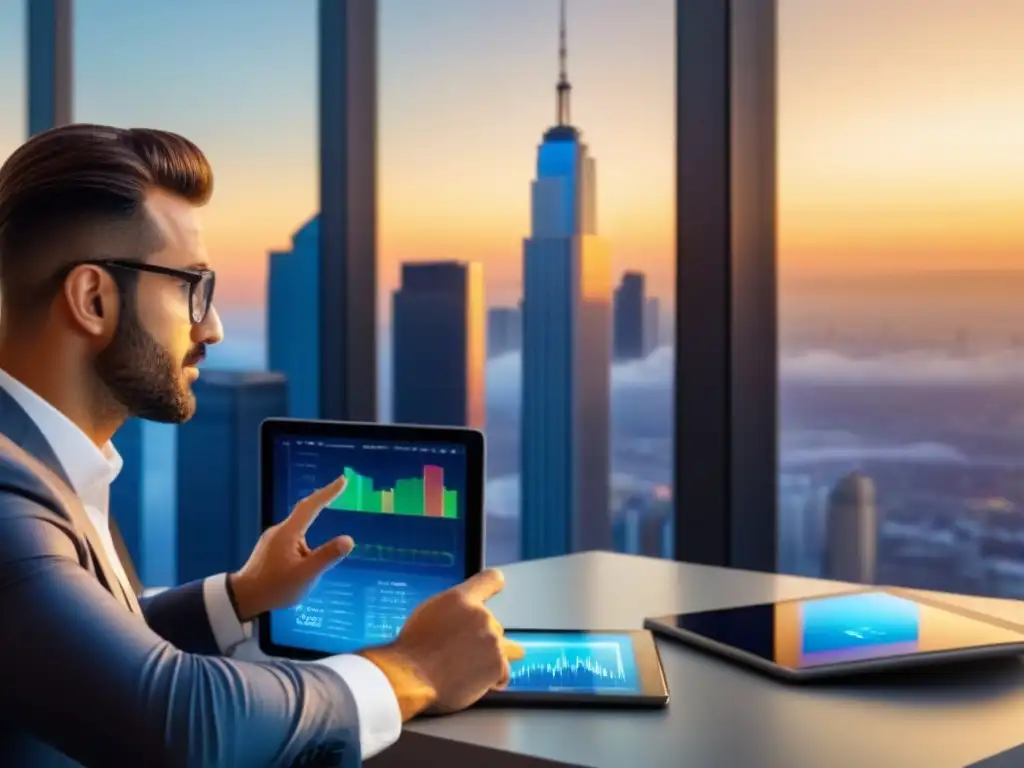 Un vibrante atardecer en la ciudad: skyline moderno iluminado por una cálida luz dorada