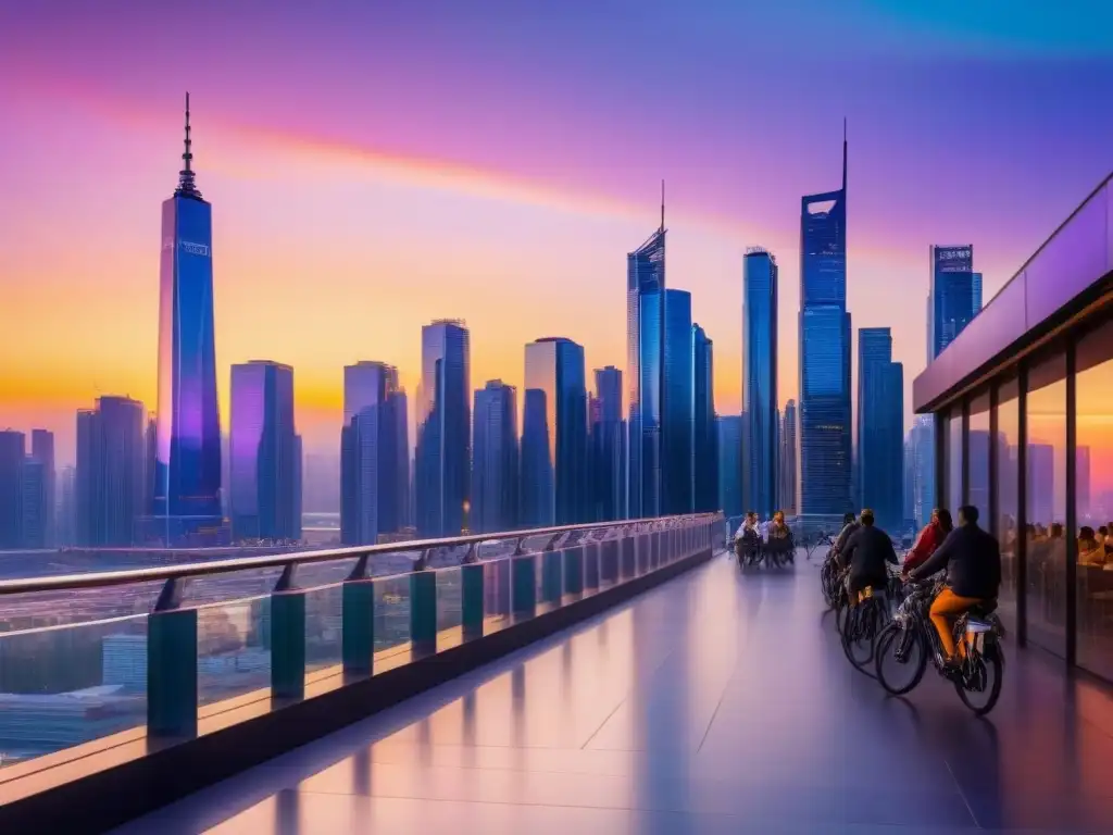Horizonte urbano al atardecer: vibrante ciudad futurista en 8k Vibrante atardecer en la ciudad con modernos rascacielos y gente, ideal para Reforma inmobiliaria valoración propiedades
